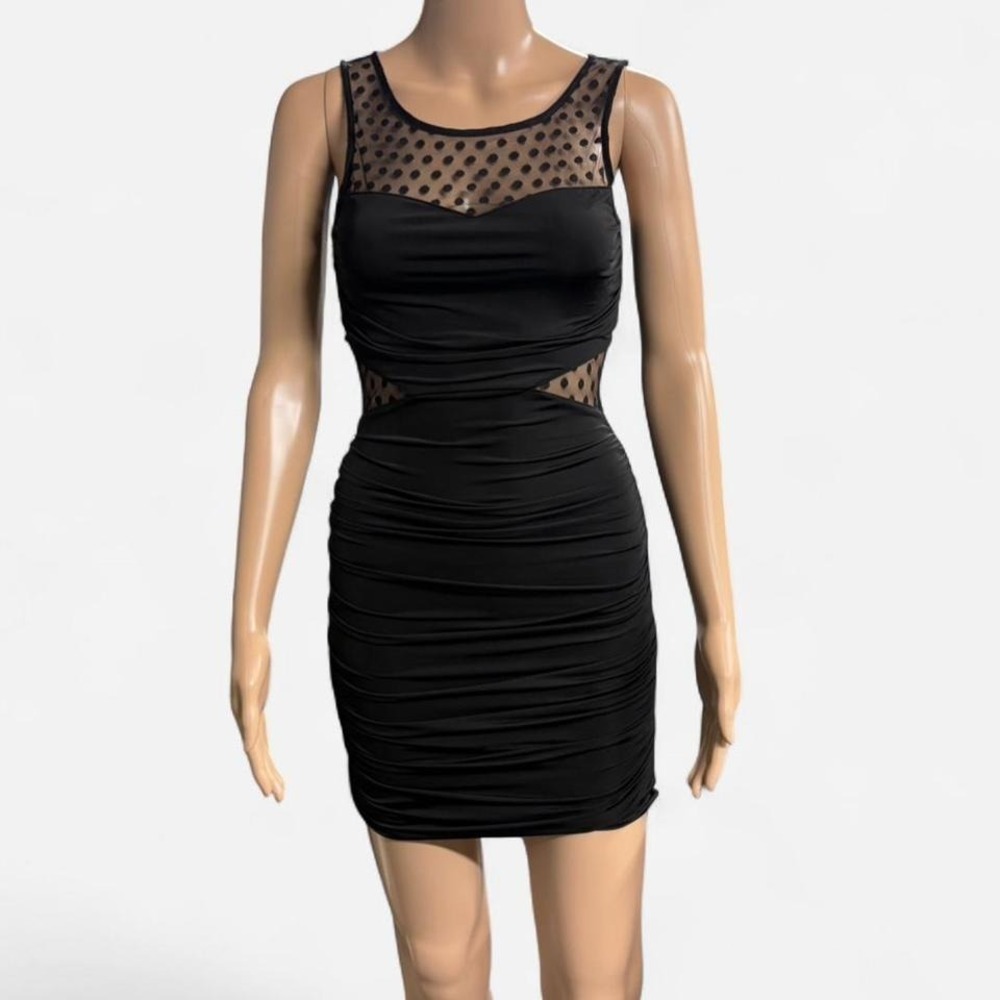 Forever 21 Black Ruched Bodycon Mini Dress Sheer Polka Dot Mesh Cutout Small